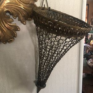 Antique French Brass Woven Chainmail-Style Wall Pocket Hanging Vase